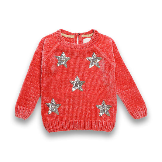 Girls Self Design, Applique Round Neck Orange Sweater