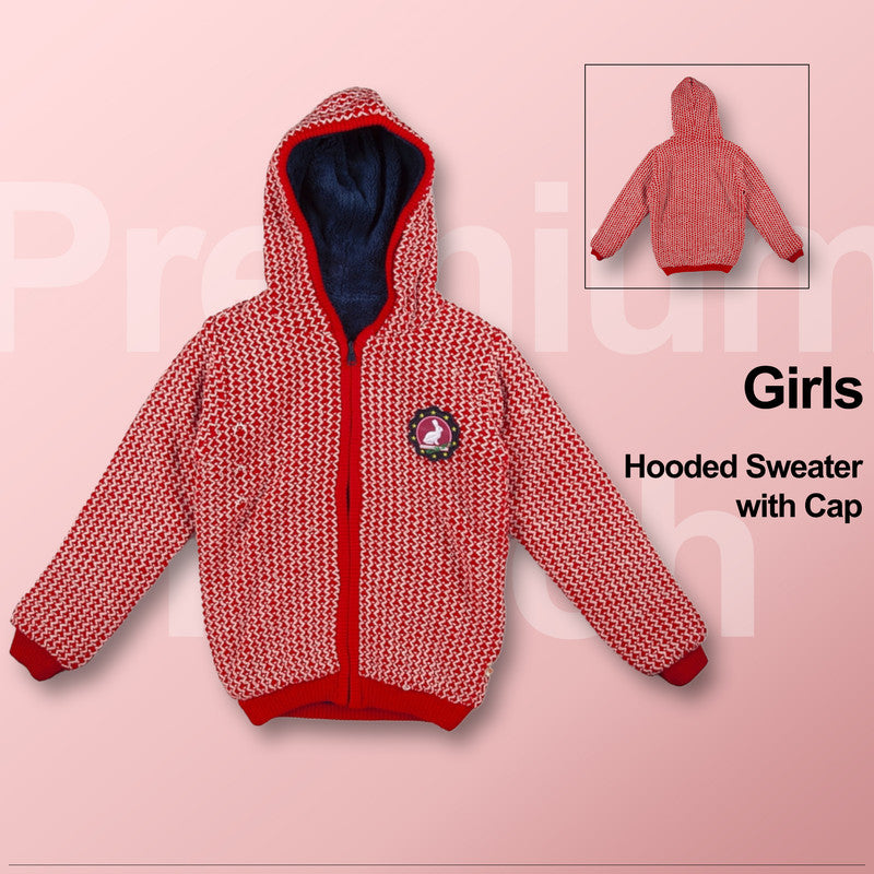 Girls Printed Hooded Neck Red Sweater with inner fur