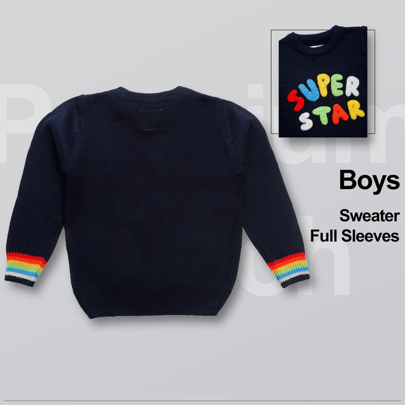 Boys Self Design Round Neck Blue Sweater