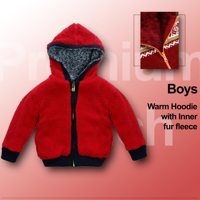 Boys Self Design Hooded Neck Maroon Sweater