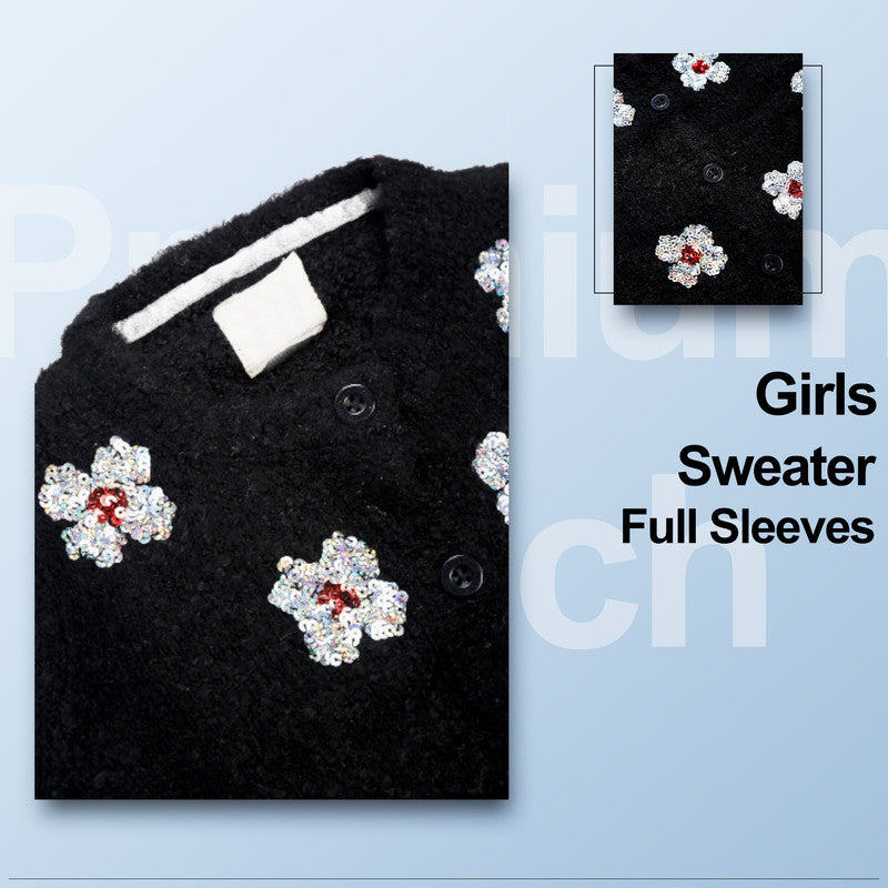 Baby Girls Embellished Round Neck Black Sweater