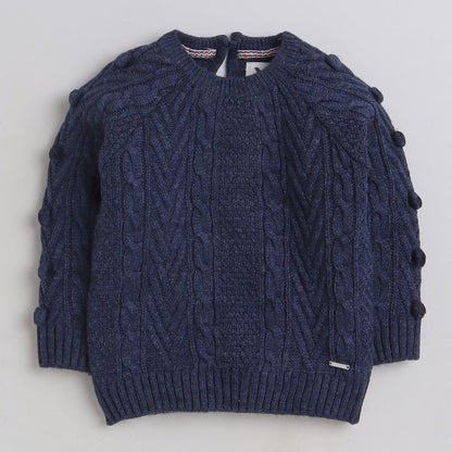 Girls Woven Round Neck Navy Sweater