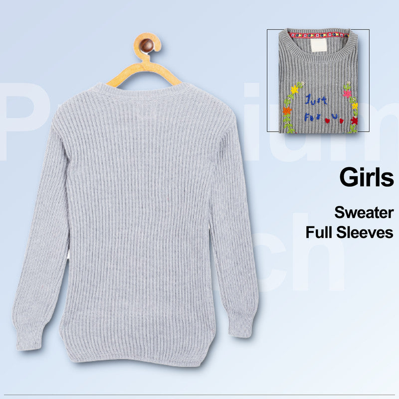 Girls Self Design, Embroidered Round Neck Sweater