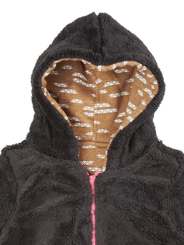 Girls Self Design Hooded Neck Brown Sweater