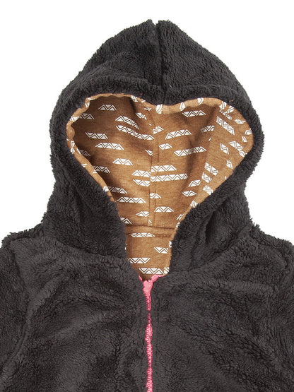 Girls Self Design Hooded Neck Brown Sweater