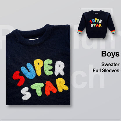 Boys Self Design Round Neck Blue Sweater