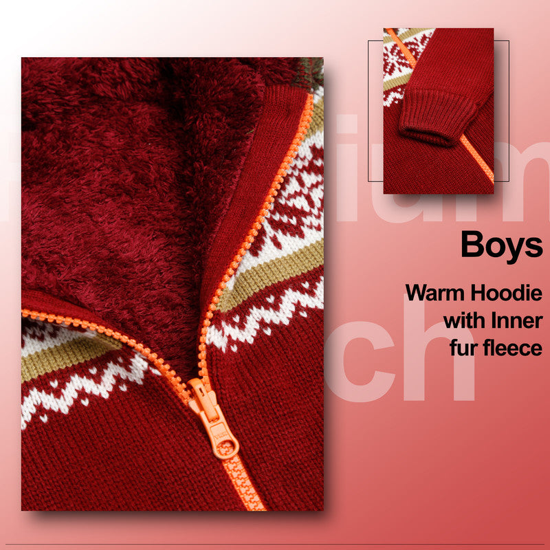 Boys Self Design Hooded Neck Maroon Sweater