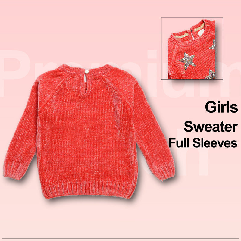 Girls Self Design, Applique Round Neck Orange Sweater