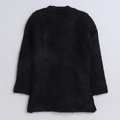 Yellow Apple Girls Woolen Sweater Cardigan – Black | Full Sleeve, Round Neck, Warm Winter Wear for Kids