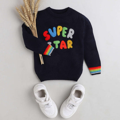 Boys Self Design Round Neck Blue Sweater