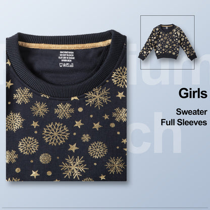 Girls Self Design Round Neck Dark Blue Sweater