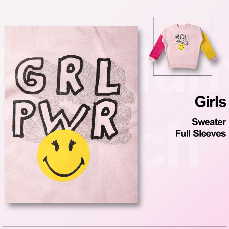 Girls Self Design Round Neck Pink, Yellow Sweater