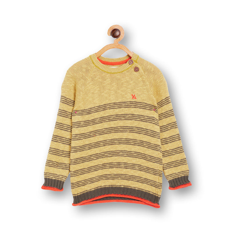 Boys Striped Round Neck Brown Sweater