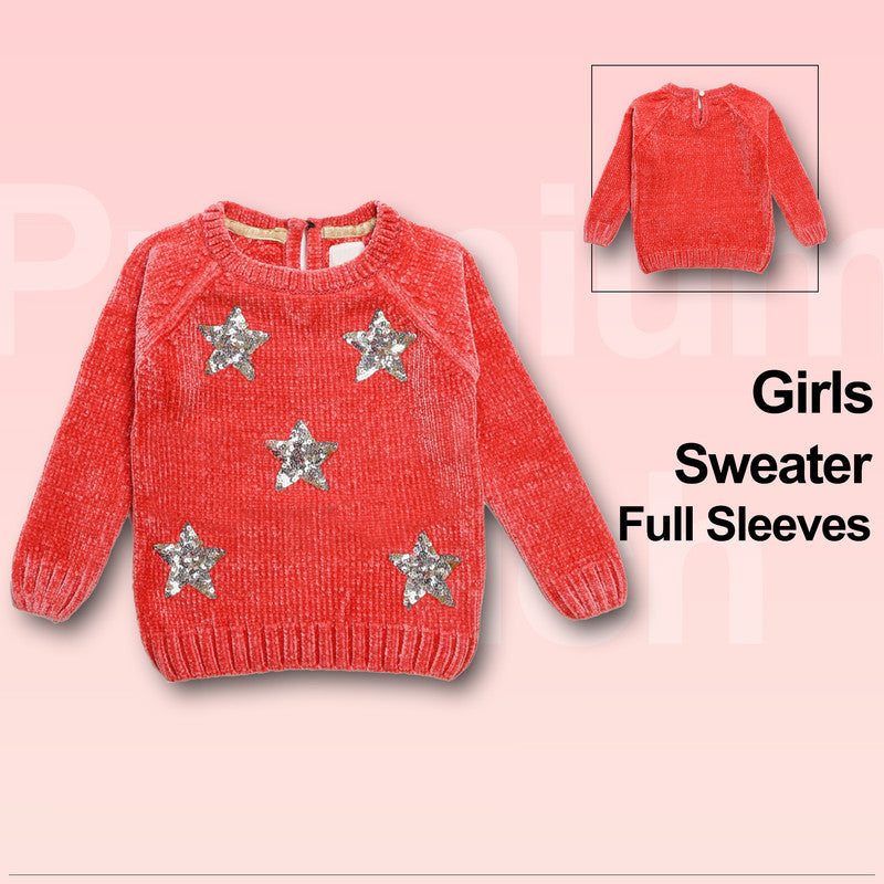 Girls Self Design, Applique Round Neck Orange Sweater