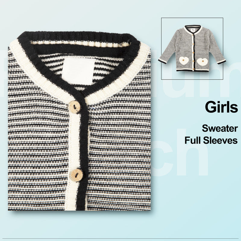 Girls Striped V Neck Black and White Color Sweater