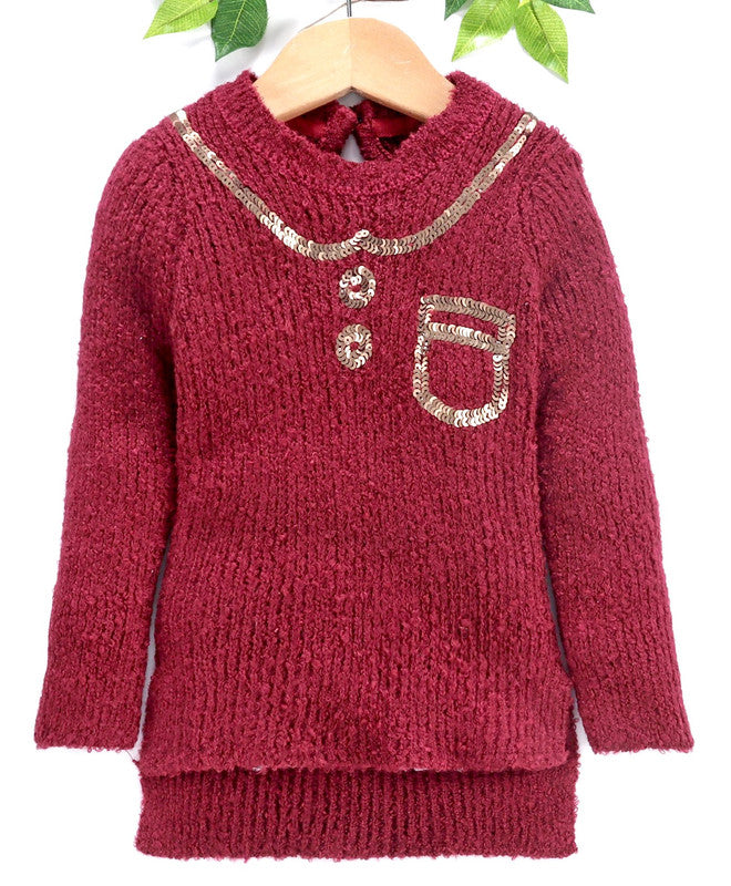 Girls Self Design Round Neck Full Sleeves Sweater Maroon Color