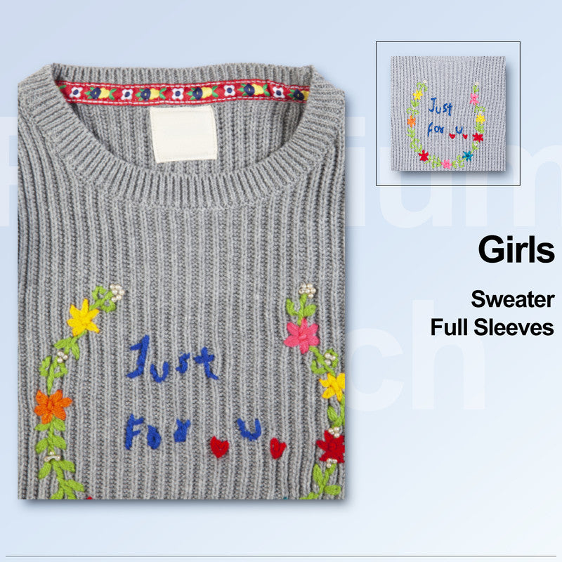 Girls Self Design, Embroidered Round Neck Sweater