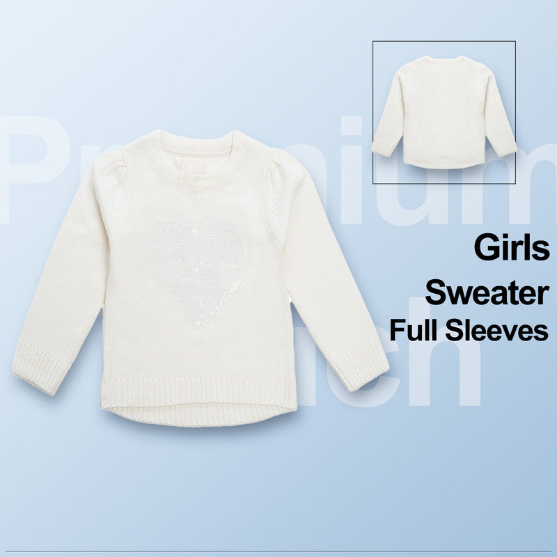 Girls Solid Round Neck White Sweater