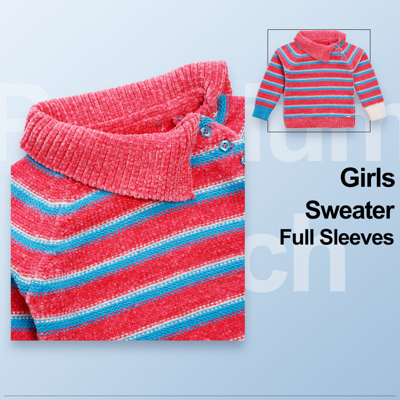 Girls Striped High Neck Pink Sweater