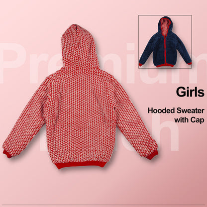 Girls Printed Hooded Neck Red Sweater with inner fur