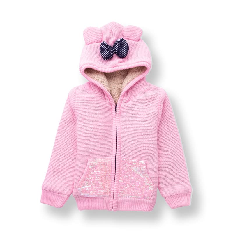 Baby Girls Knitted Hooded Jacket with Cute Ears & Bow | Soft Winter Zip-Up Sweater Hoodie for Infants & Toddlers