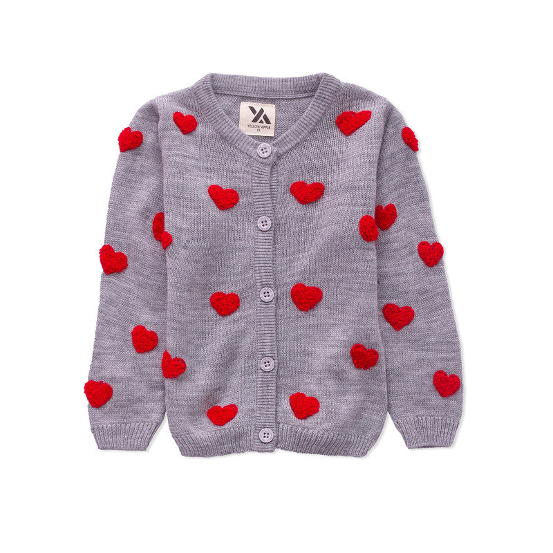 Yellow Apple- Heart Pattern Knit Cardigan for Girls | Cozy Button-Down Sweater | Winter Fashion Outfit