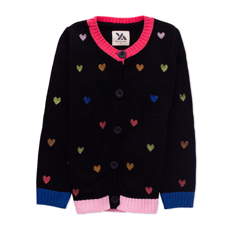 Yellow Apple- Cute Knit Cardigan for Girls | Adorable Heart Pattern Sweater with Button Closure