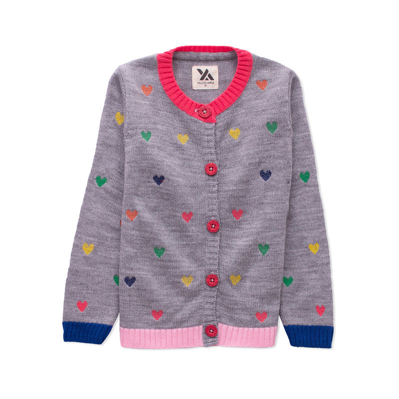 Yellow Apple- Cute Knit Cardigan for Girls | Adorable Heart Pattern Sweater with Button Closure
