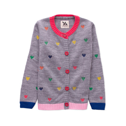 Yellow Apple- Cute Knit Cardigan for Girls | Adorable Heart Pattern Sweater with Button Closure