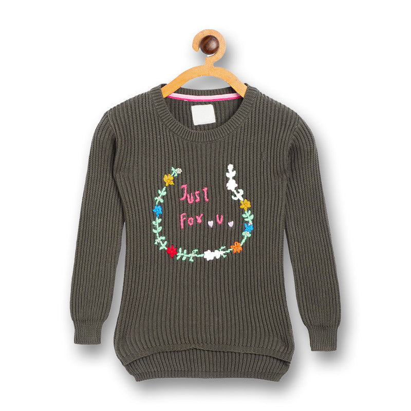 Girls Self Design, Embroidered Round Neck Green Sweater