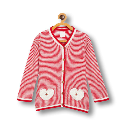 Girls Striped V Neck Red and White Color Sweater