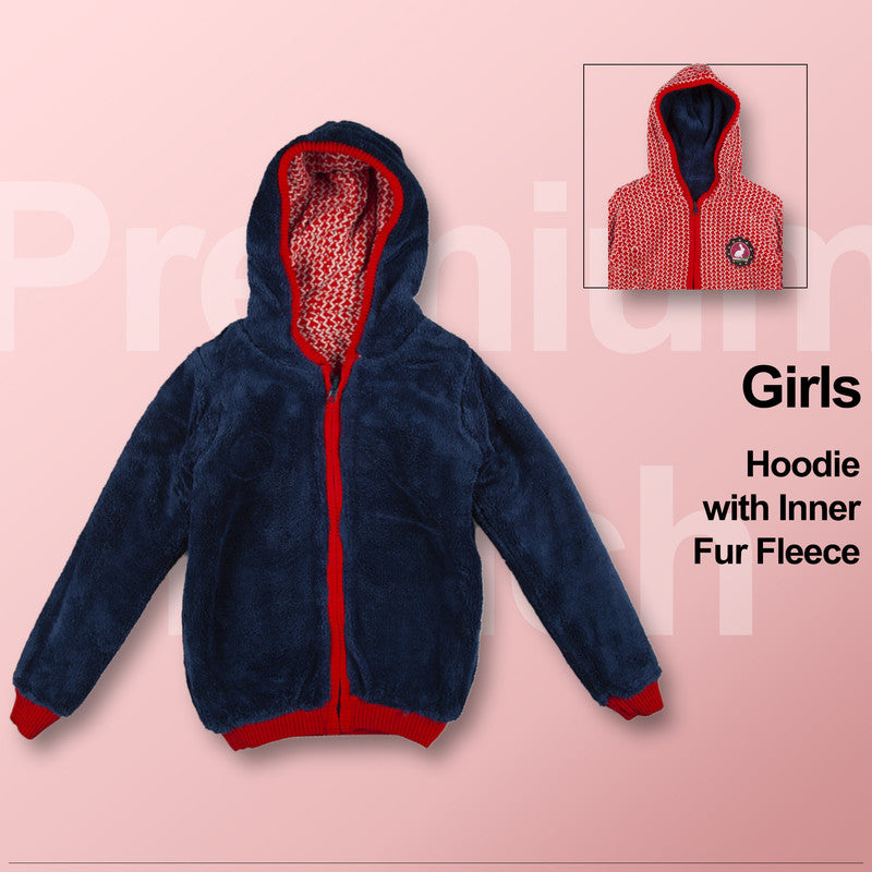 Girls Printed Hooded Neck Red Sweater with inner fur