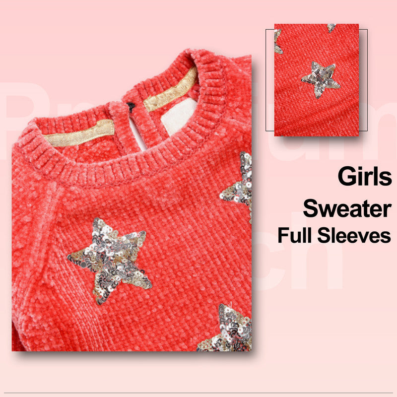 Girls Self Design, Applique Round Neck Orange Sweater