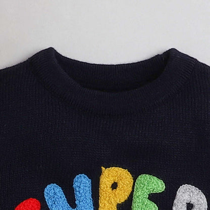 Boys Self Design Round Neck Blue Sweater