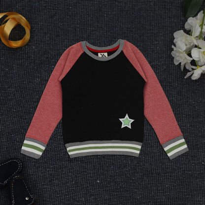 Boys Self Design Round Neck Red, Black Sweater