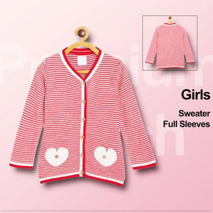 Girls Striped V Neck Red and White Color Sweater