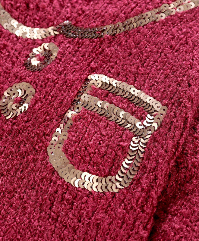 Girls Self Design Round Neck Full Sleeves Sweater Maroon Color