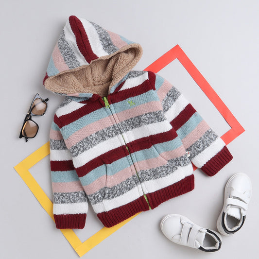 Baby Boys Striped Hooded Neck Maroon Sweater