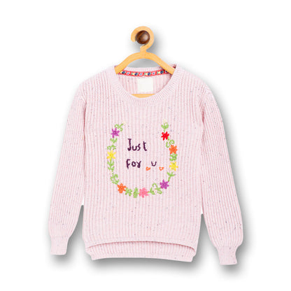 Girls Self Design, Embroidered Round Neck Sweater