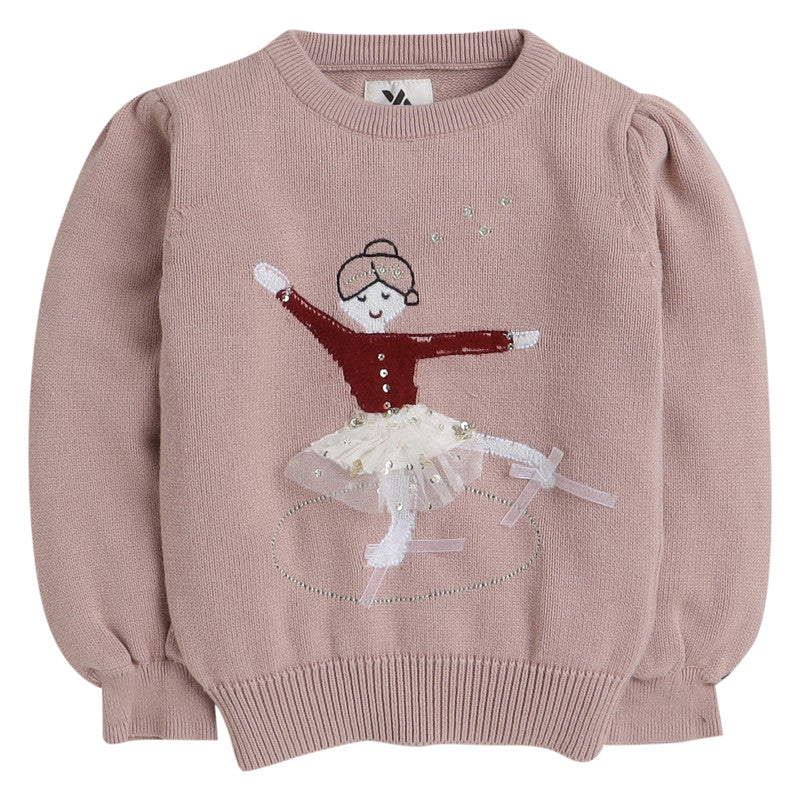 Girls Self Design Round Neck Sweater