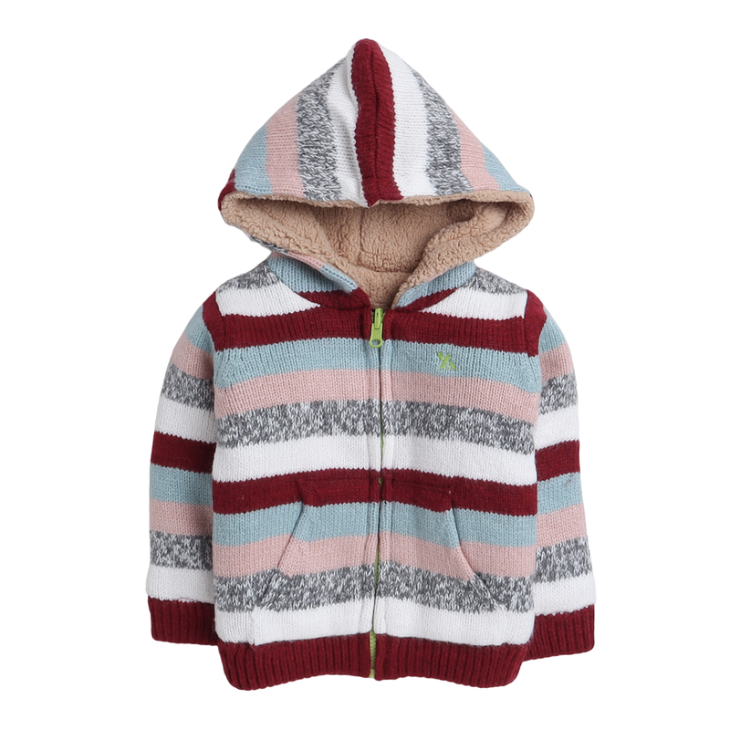 Baby Boys Striped Hooded Neck Maroon Sweater