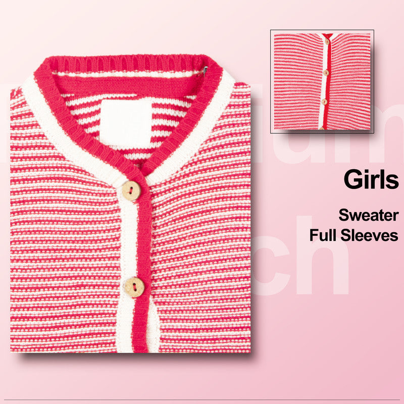 Girls Striped V Neck Red and White Color Sweater