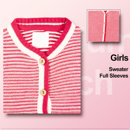 Girls Striped V Neck Red and White Color Sweater