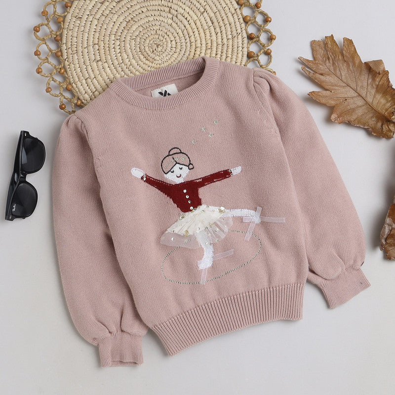 Girls Self Design Round Neck Sweater