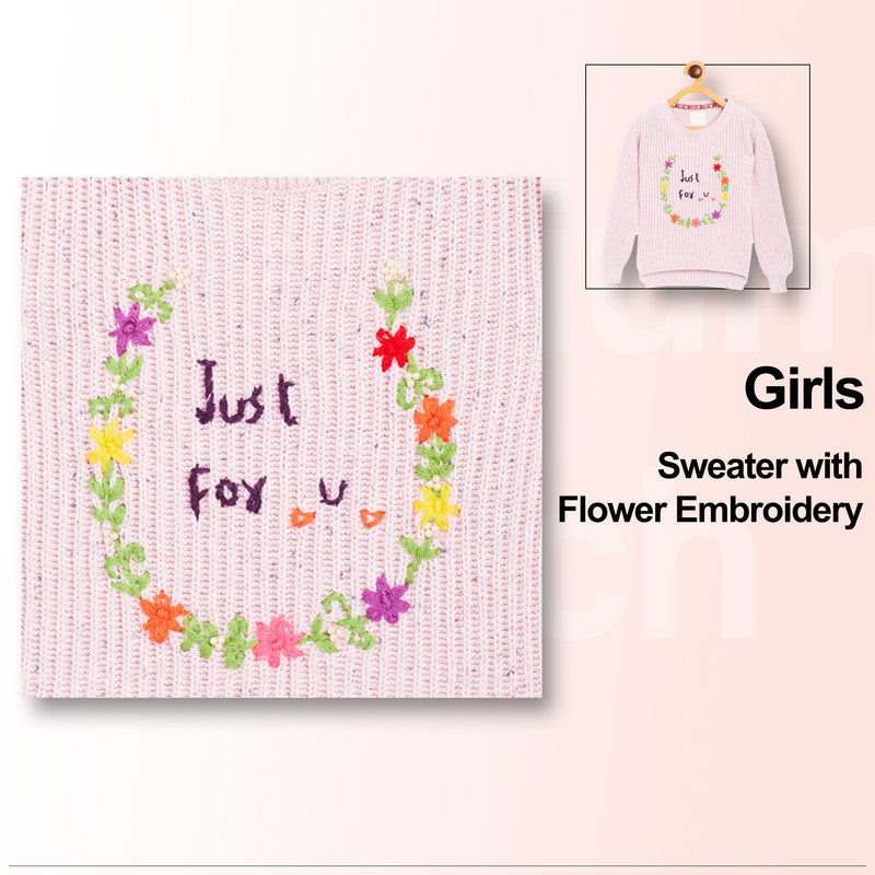 Girls Self Design, Embroidered Round Neck Sweater