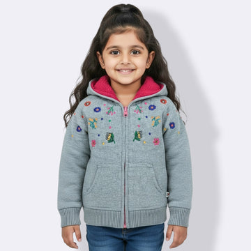 Beautiful Flower Print Hoody With Inner Fleece for Girls