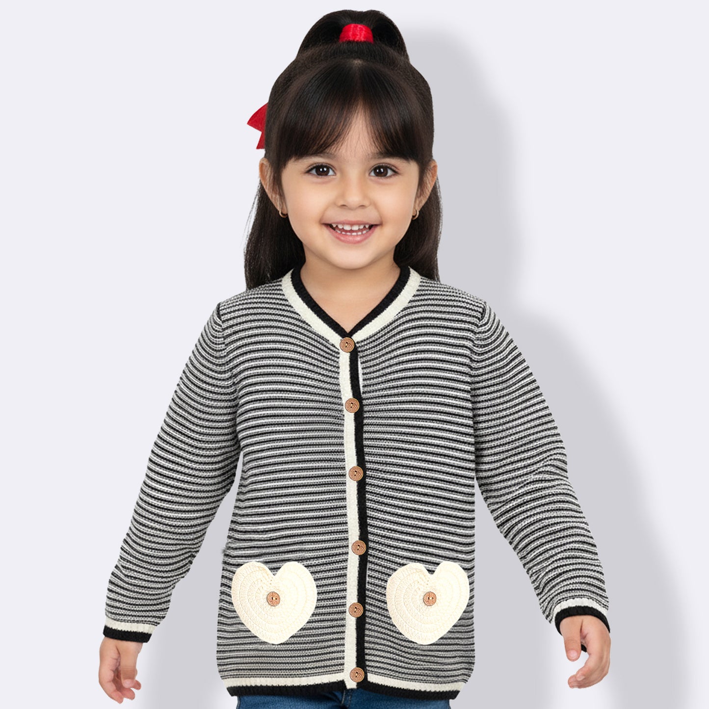 Girls Striped V Neck Black and White Color Sweater