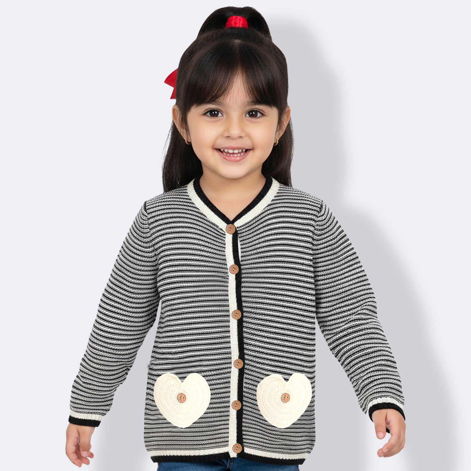 Girls Striped V Neck Black and White Color Sweater
