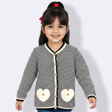 Girls Striped V Neck Black and White Color Sweater