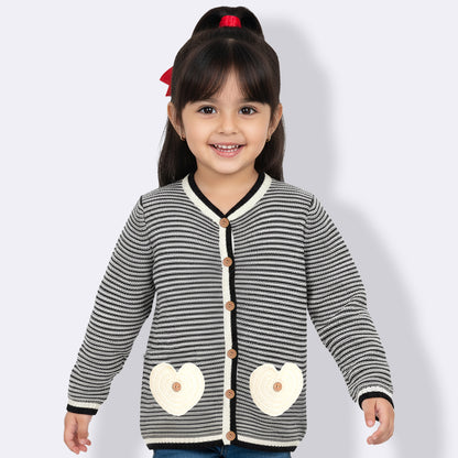 Girls Striped V Neck Black and White Color Sweater